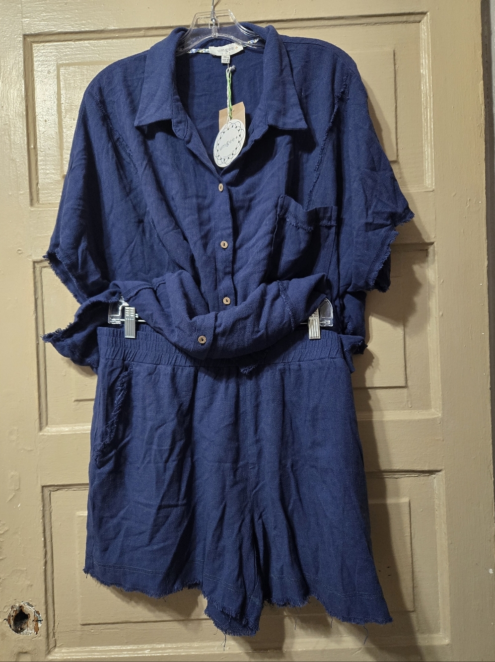 Umgee Navy Blue Cotton Linen Blend Resort Lounge Set - Top & Shorts NWT 2XL